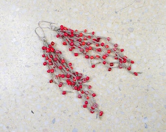 6295 delicate, linen earrings; linen and glass; red earrings, tassels; light, long earrings