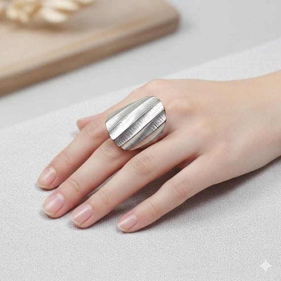 109 Large Statement Ring – Silver Plated Textured… - image 1