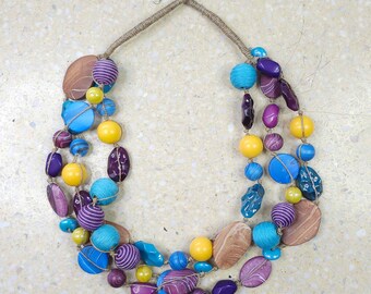 6208 blue, purple, yellow necklace; linen necklace; long necklace; large, eye-catching, fashionable beads; Chunky Necklaces;