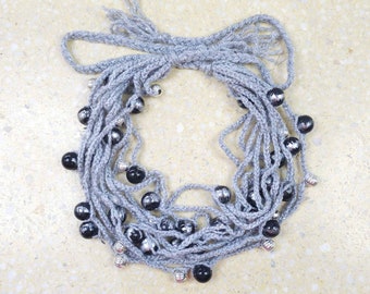 5836 yarn, light, shiny, silver and black necklace; Multistrand necklace, statement rope necklace, chunky layered necklace