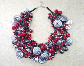 6290 red, silver, gray necklace; multi-string bib necklace; statement, chunky necklace;