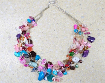 6301 linen, natural necklace; linens, stones, shells; light, effective, ecological necklace for summer;