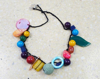 5909 rainbow colored necklace; natural stones; feel this power; mother of pearl, mountain jade, marble, quartz, coral, nephrite, lava