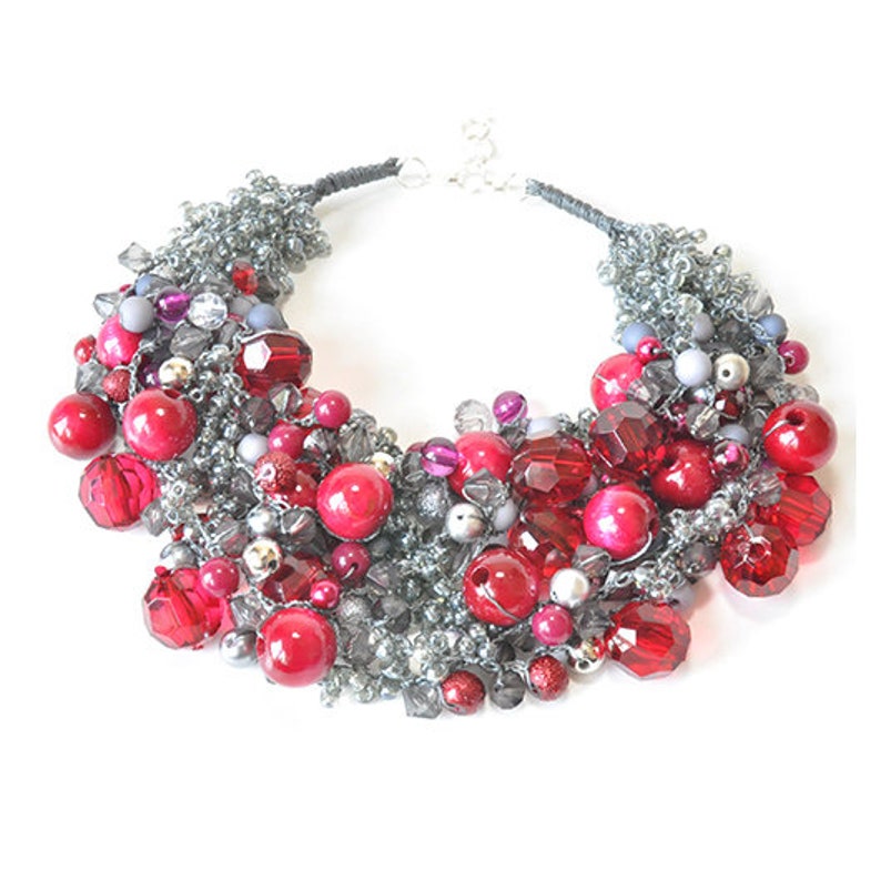 necklace; burgundy necklace gray necklace; every day 3822 crochet necklace for a party; evening jewelry;