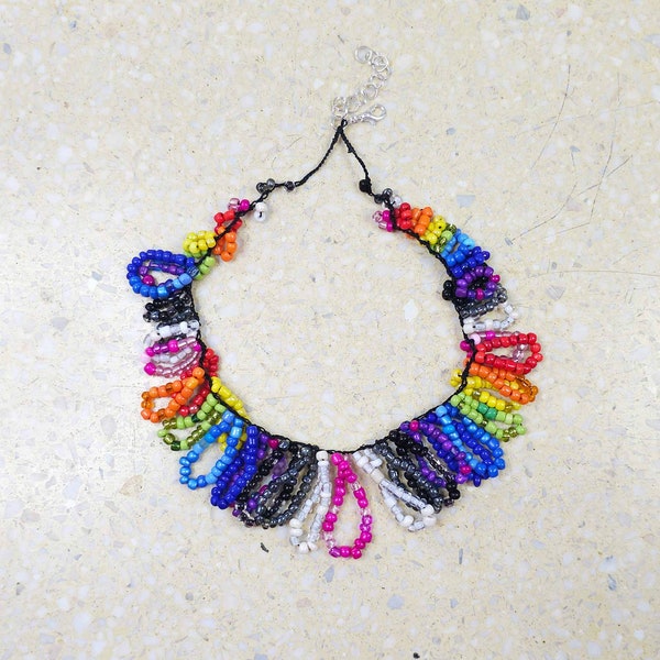 6077 rainbow, colorful crochet necklace; a colorful rainbow necklace; colorful necklace; colorful statement; a delicate rainbow necklace;