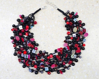 5631 a delicate, light necklace; black, red, silver necklace; elegant necklace; gift necklace