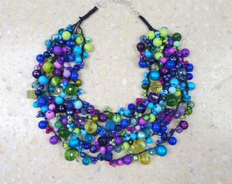 6293 green, blue, navy blue, purple necklace; bib necklace;crochet necklace; light, effective necklace;