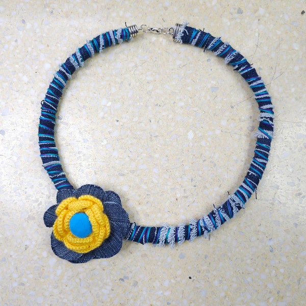 6281 denim necklace with crochet flower; Colorful Floral Statement Knot Necklace; textile choker necklace; Bohemian Necklace