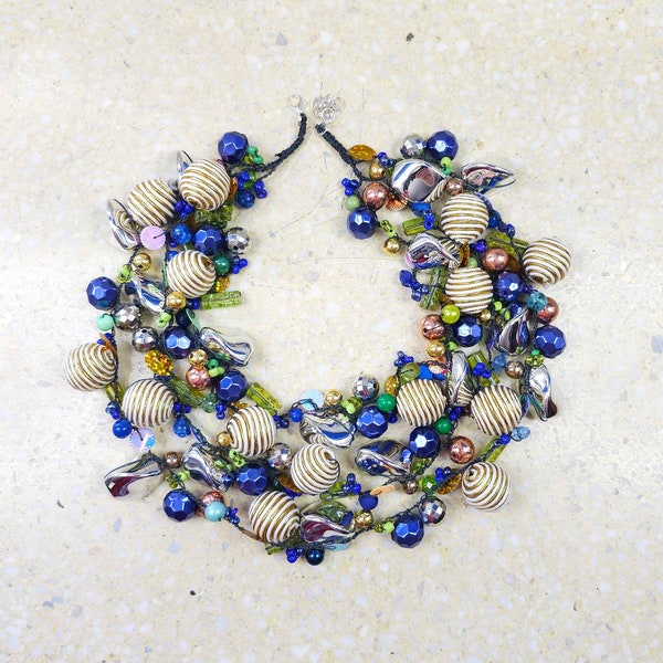 6185 green, navy blue, gold, silver necklace; colorful necklace; colorful statement; glass beads