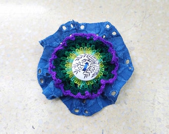 6288 blue, green, purple brooch; crochet flower; original brooch; upcycling