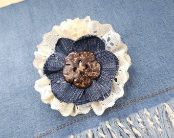 6289 broche bleu marine, beige, marron; broche en dentelle; broche en noix de coco