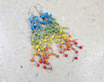 6302 zarte Ohrringe aus Leinen; Leinen und Glas; Farben Ohrringe, Quasten; leichte, lange Ohrringe