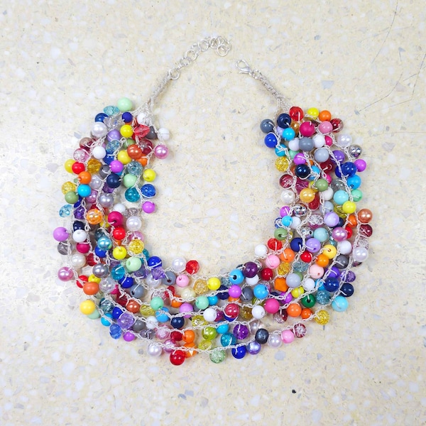 6060 rainbow, colorful crochet necklace; a colorful rainbow necklace; colorful necklace; colorful statement; perfect for summer;