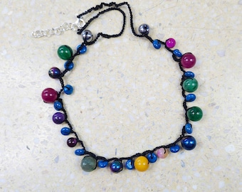 5907 necklace made of natural stones; colorful, showy; natural, ecological necklace; agate, marble, hematite, jade