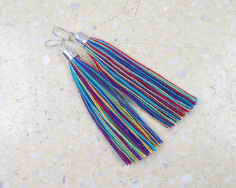 6062 colored, rainbow tassel earrings; cotton, handmade tassels; navy blue, blue, green, purple earrings; long, light, dangling earrings