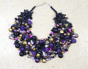 6280 black, purple, silver, gold necklace; crochet necklace; bib necklace; Multistrand necklace; Black Beadwork necklace