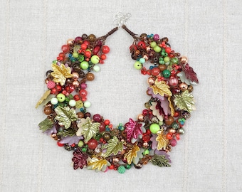 Statement Cluster Necklace, Autumn Leaf Beaded Chunky Choker, Multistrand Fall Foliage Bib Necklace, Colorful Jewelery Gift for Her, 7123