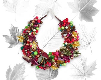 Statement-Cluster-Halskette, Perlen-Choker mit Herbstlaub-Motiv, mehrreihige Halskette mit Herbstlaub-Motiv, farbenfrohes Schmuckgeschenk für Sie, 7123