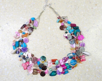 6296 linen, natural necklace; lines, stones, shells; light, effective, ecological necklace for summer;