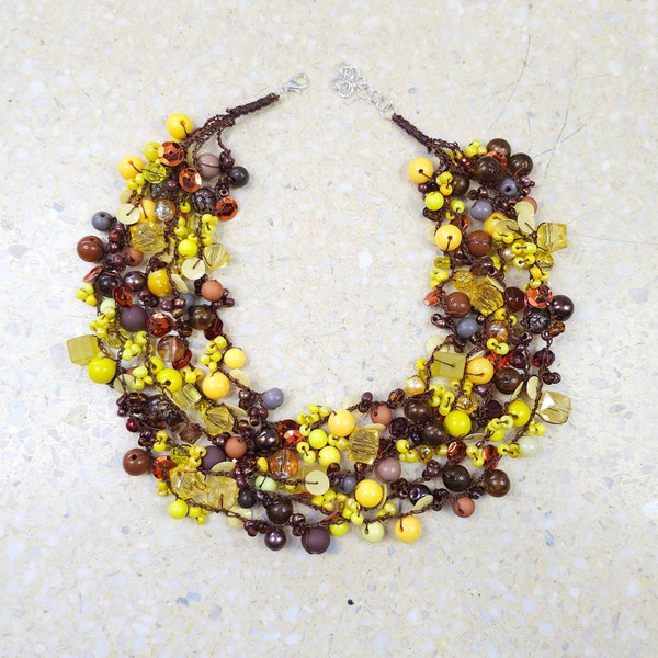 5994 crochet necklace; sequin necklace; yellow, brown necklace; multistrand necklace