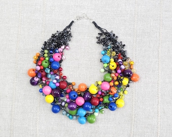 Rainbow Glass Wood Statement Necklace, Chunky Multi Strand Choker, Colorful Acrylic Bead Jewelry, Vibrant Summer Boho Gift for Her, 7096