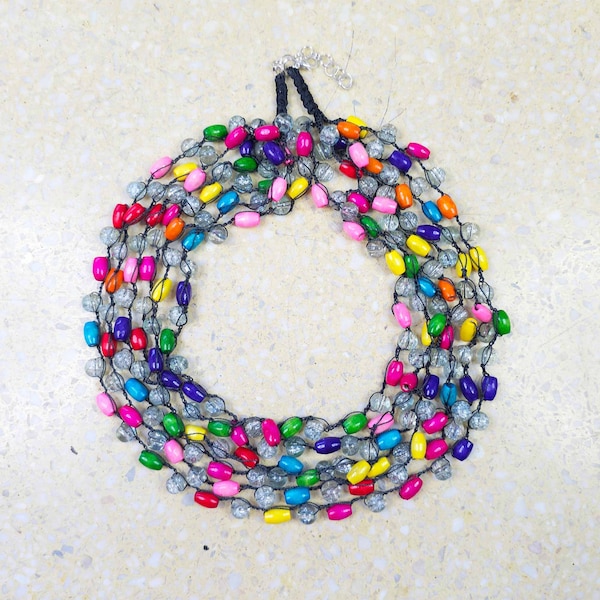 6098 colorful light necklace; wood and glass; rainbow, colorful crochet necklace; a colorful rainbow necklace; colorful necklace;