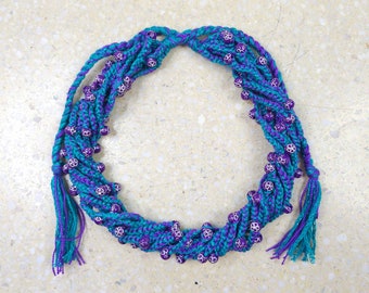 6154 light, yarn necklace; sea green and plum; rope necklace; chunky necklace; multistrand necklace