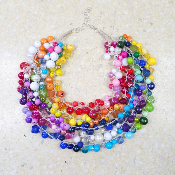 6053 rainbow, colorful crochet necklace; a colorful rainbow necklace; colorful necklace; colorful statement; perfect for summer;