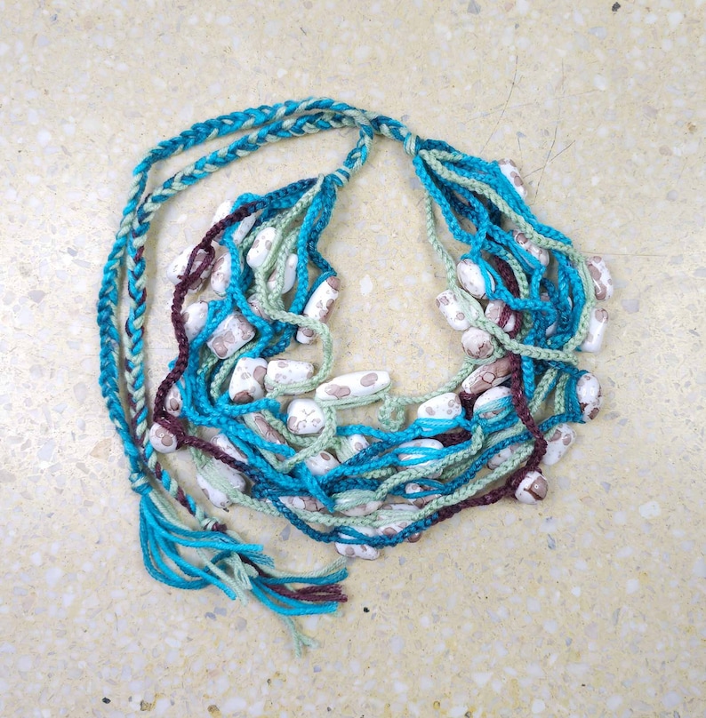 5838 collar azul, verde, marrón collar de cuerda collar grueso collar de varias hebras imagen 1