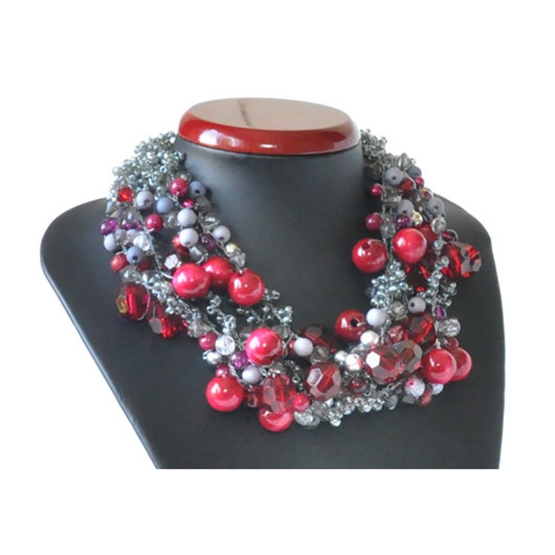 necklace; burgundy necklace gray necklace; every day 3822 crochet necklace for a party; evening jewelry;
