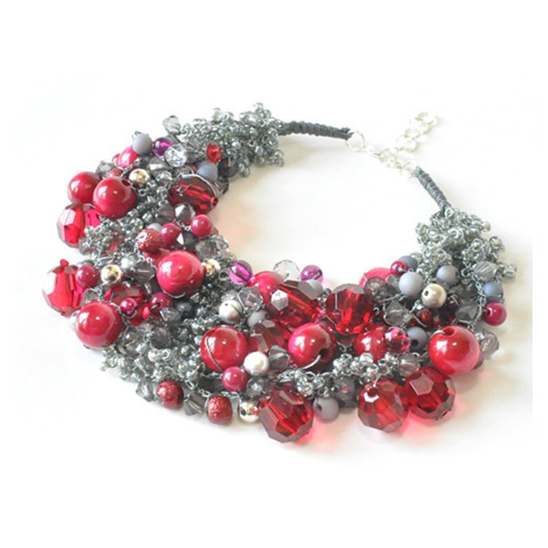 necklace; burgundy necklace gray necklace; every day 3822 crochet necklace for a party; evening jewelry;