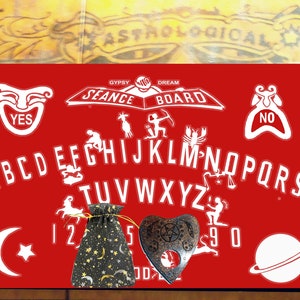 Vintage Seance Board Ouija originele kunstwerken set. Met extra's, mooie planchette in sierlijke tas, op maat gemaakt waarzegsterbord, GRATIS ketting.