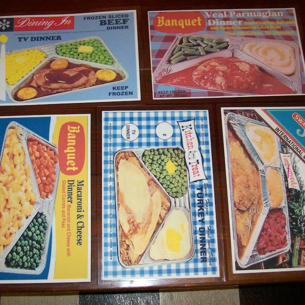 Retro Mid Centry modern tv dinner meals  Swanson Banquet Kitchen Treat 1960's - 1970's 's era laminated placemats set of 5 TV tray toppers