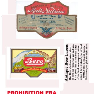 Vintage Antique Prohibition Beer Labels Digital Download JPEG.JPG 2 Design Styles Per Sheet, Rare