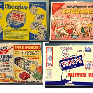 Vintage  Breakfast Cereal Advertisement Placemats. Set of 4. 1950's era. Quality, heavy duty laminated placemats. Beautiful Retro Ads.