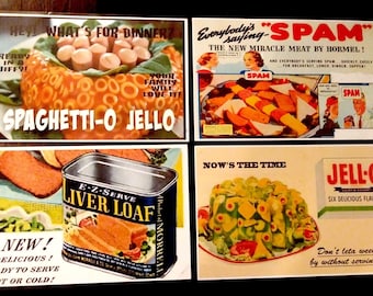 Retro Mid Century Modern Looking Fun Food Jell-0, Spam, Spaghettios And More Laminated Placemats Set of 4