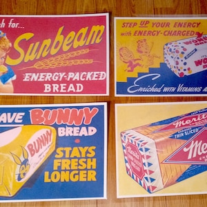 Retro Mid Century Modern Assorted Bread Brands 1950&#39;s-1970&#39;s Placemats set of 4 Brands Include Bunny, Sunbeam, Wonder & Merita