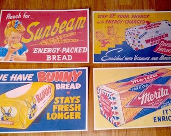 Retro Mid Century Modern Assorted Bread Brands 1950's-1970's Placemats set of 4 Brands Include Bunny, Sunbeam, Wonder & Merita