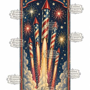 May include: A rectangular box for Acme High Flyers Skyrockets featuring a patriotic design with an eagle, fireworks, and red, white, and blue rockets. Text includes Higher Brighter Bolder, A Finer America, and Made in U.S.A. with extra loud brilliant colours.