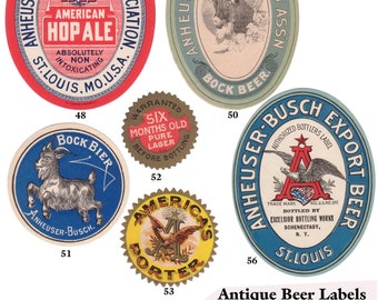 Etiquetas imprimibles de botellas de cerveza antigua vintage Descarga digital JPEG.JPG Anheuser-Busch Faust Beer & More 10 diseños 2 hojas