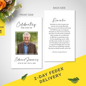 May include: A funeral memorial card featuring a front side with a photograph of a smiling person in a brown blazer, the text Celebrating the life of, the name Edmund Summers, and dates. The back side displays the poem Remember by Christina Rossetti.