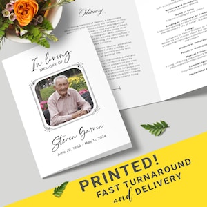 May include: A white funeral program with black text. The program includes an obituary for Steven Garven, June 20, 1950 - May 11, 2024. A black and white photo of Steven Garven is in a decorative frame. The program also includes a list of the order of service for the funeral.