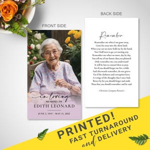 May include: A purple and white memorial card with a photo of an older woman smiling. The text reads "In loving memory of Edith Leonard June 2, 1947 - May 11, 2022". The back of the card has a poem about remembering someone who has passed away.