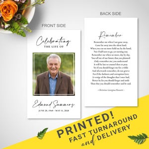 May include: A white memorial card with a black border and a photo of a man in the center. The text "Celebrating the Life of" is at the top of the card. The man's name, "Edmund Summers", is at the bottom of the card with the dates "June 20, 1960 - May 11, 2018". The back of the card has a poem titled "Remember" by Christina Georgina Rossetti.