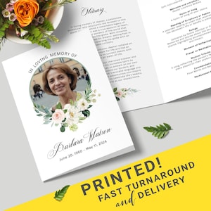 May include: A white funeral program with a floral wreath design and a photo of a woman. The program includes the text "In Loving Memory of Barbara Watson June 20, 1960 - May 11, 2024" and the word "Obituary".