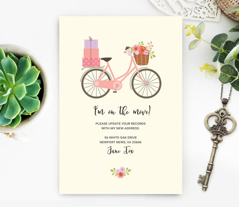 A7 I/'m on the move personalized change of address cards PRINTED Pink bicycle new home card with envelope