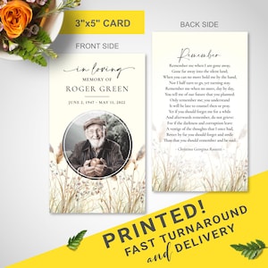 May include: A 3x5 inch memorial card with a photo of a man in a brown jacket and a cap. The card has a white background with a floral design and the text "in loving memory of Roger Green June 2, 1947 - May 11, 2022". The back of the card has a poem titled "Remember" by Christina Georgina Rossetti.