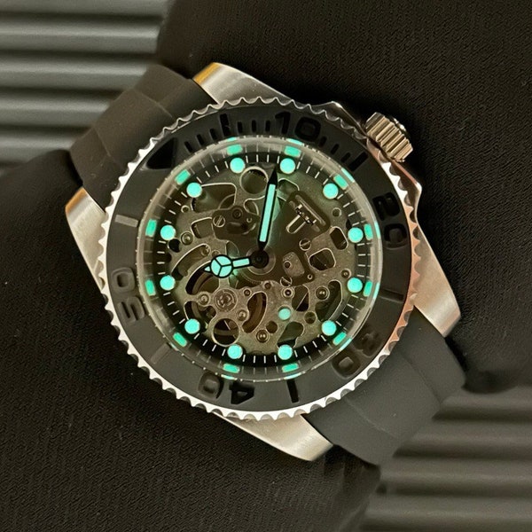 Mens Automatic Seiko Skeleton Mod Custom Watch, Dive-Ready, Sapphire crystal Ceramic Bezel, Rubber strap, Green Luminous, Gift for him
