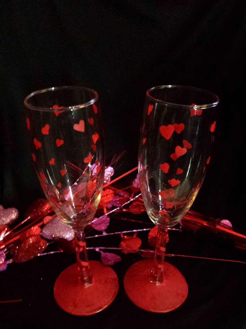 Valentine's Champagne Flutes Hand Painted Heart Bubbles image 1