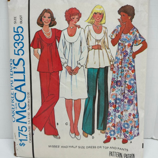 Vintage 70s McCall’s 5395 Misses Yoked Dress In Two Lengths Top and Pants Sewing Pattern Muu-Muu Tent Dress Loose Fit Size 16 B38 UNCUT FF